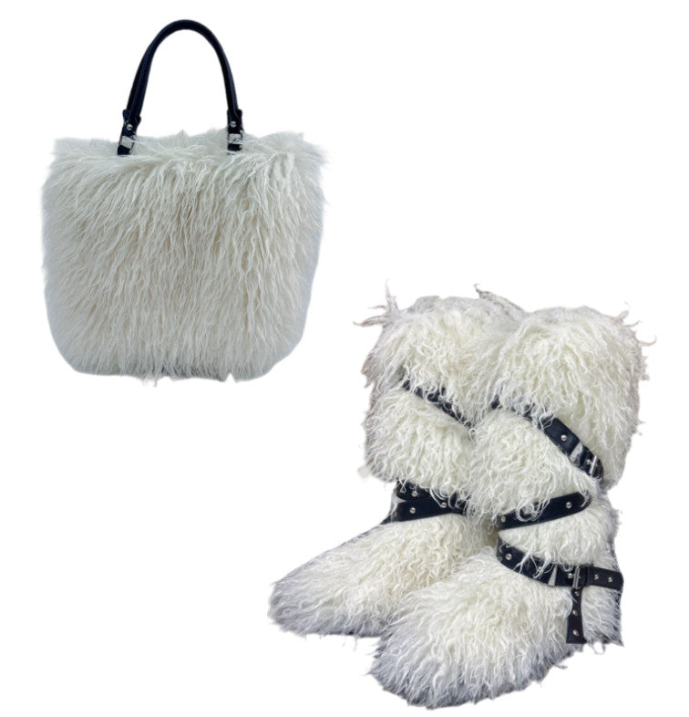 Women's Faux Shearling Tote Handbag & Flat Belted Faux Fur Snow Boots Winter Warm Set