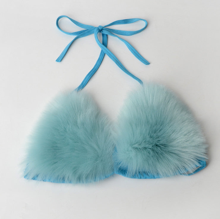 Women's Faux Fur Sporty Bikini Set - Solid Color Plush Fluffy Swimwear