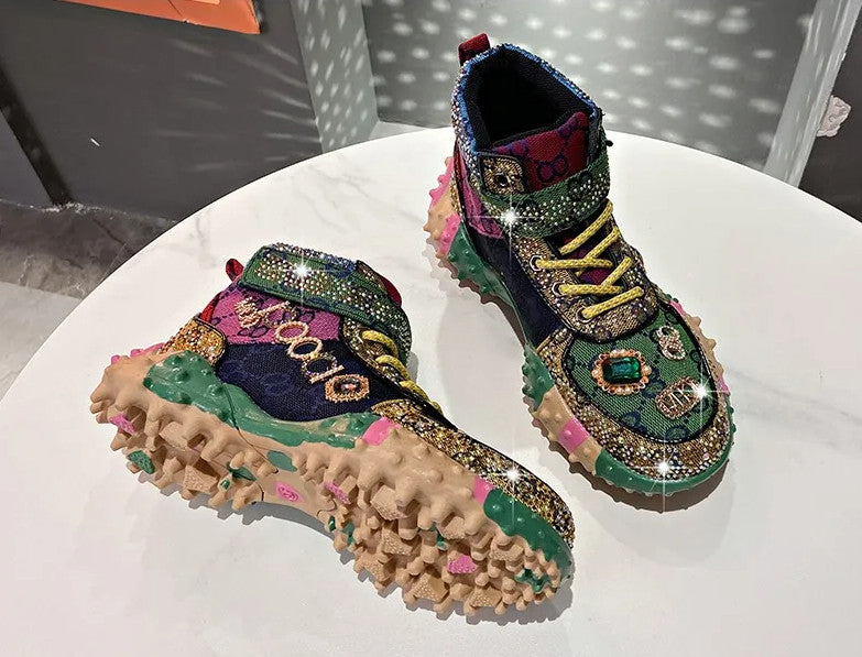 Women's Fashion Shoes Luxury Rhinestones Sneakers Diamonds Embellished Thick Bottom Non Slip Running Shoes Winter Warm Shoes Designer