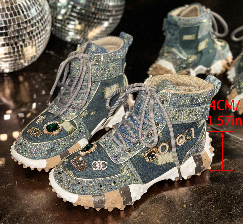 Designer Shiny Sequins Chunky Platform Sneakers Women Breathable Lace Up Height Increase Shoes Woman Fashion Cute Pink Sneakers Luxury