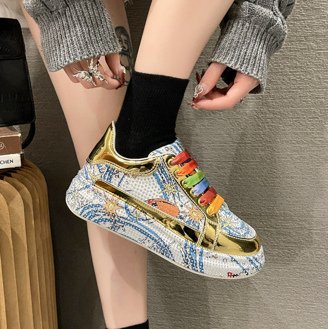 Fashion Sneakers Women Trend 2026 New Spring Autumn Platform Lace Up Rhinestone Women Casual Shoes Fashion Shiny Ladies Shoes High end luxury