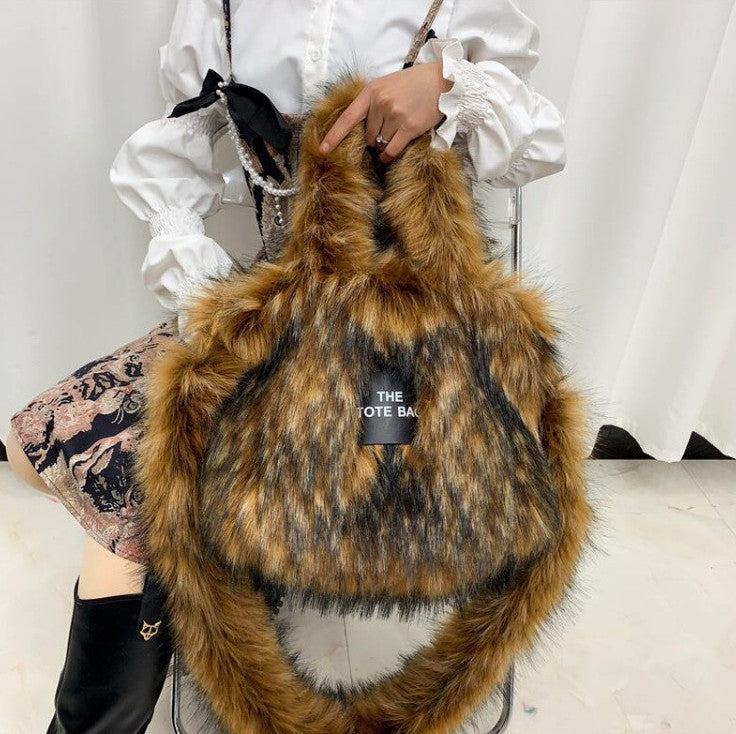Retro Faux Raccoon Fur Plush Crossbody Tote Bag - Large Capacity & Unique Design