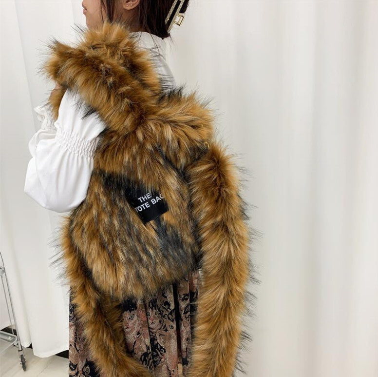 Retro Faux Raccoon Fur Plush Crossbody Tote Bag - Large Capacity & Unique Design