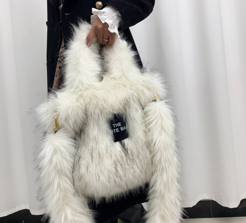 Retro Faux Raccoon Fur Plush Crossbody Tote Bag - Large Capacity & Unique Design