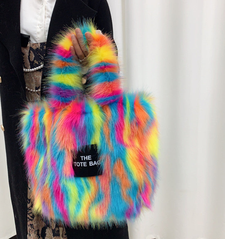 Retro Faux Raccoon Fur Plush Crossbody Tote Bag - Large Capacity & Unique Design