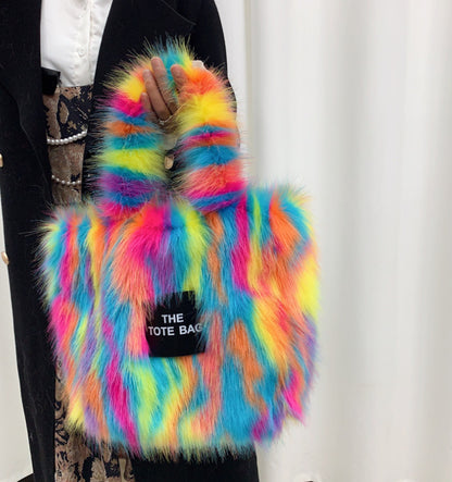 Retro Faux Raccoon Fur Plush Crossbody Tote Bag - Large Capacity & Unique Design