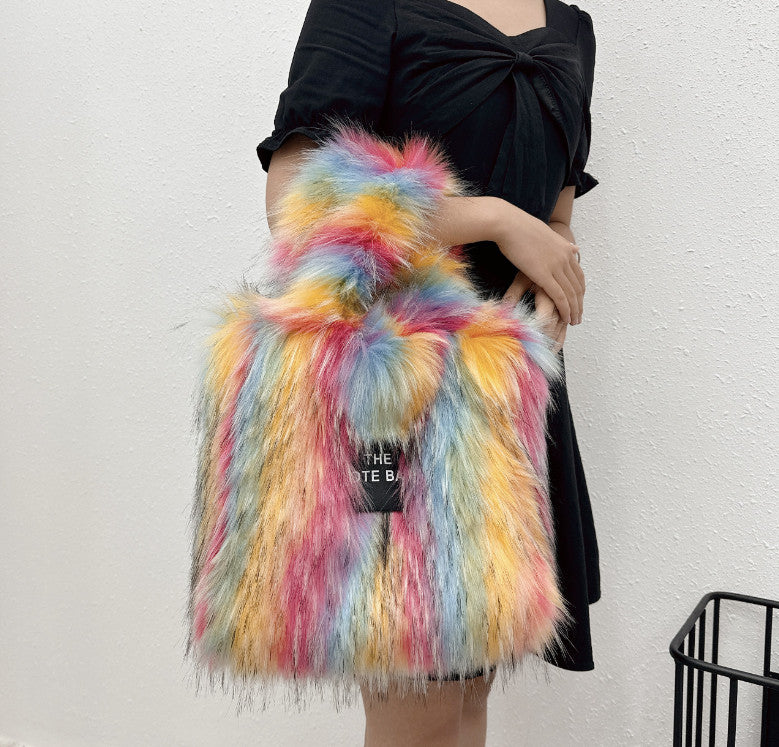 Retro Faux Raccoon Fur Plush Crossbody Tote Bag - Large Capacity & Unique Design