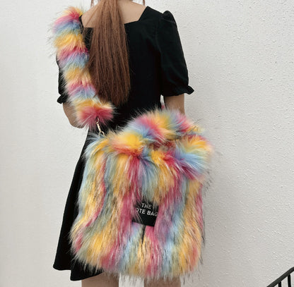 Retro Faux Raccoon Fur Plush Crossbody Tote Bag - Large Capacity & Unique Design
