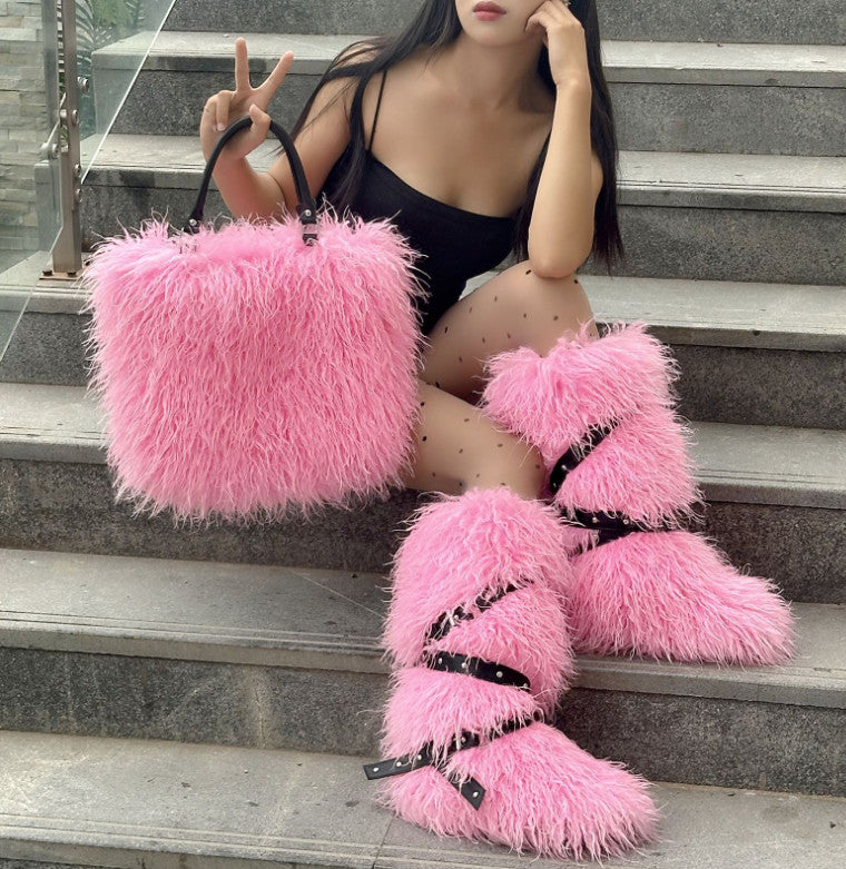 Women's Faux Shearling Tote Handbag & Flat Belted Faux Fur Snow Boots Winter Warm Set