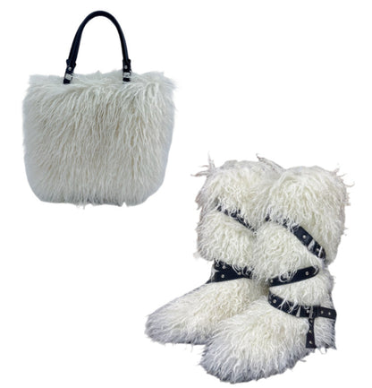 Women's Faux Shearling Tote Handbag & Flat Belted Faux Fur Snow Boots Winter Warm Set