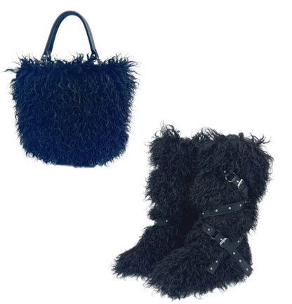 Women's Faux Shearling Tote Handbag & Flat Belted Faux Fur Snow Boots Winter Warm Set
