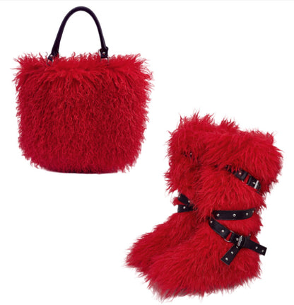 Women's Faux Shearling Tote Handbag & Flat Belted Faux Fur Snow Boots Winter Warm Set