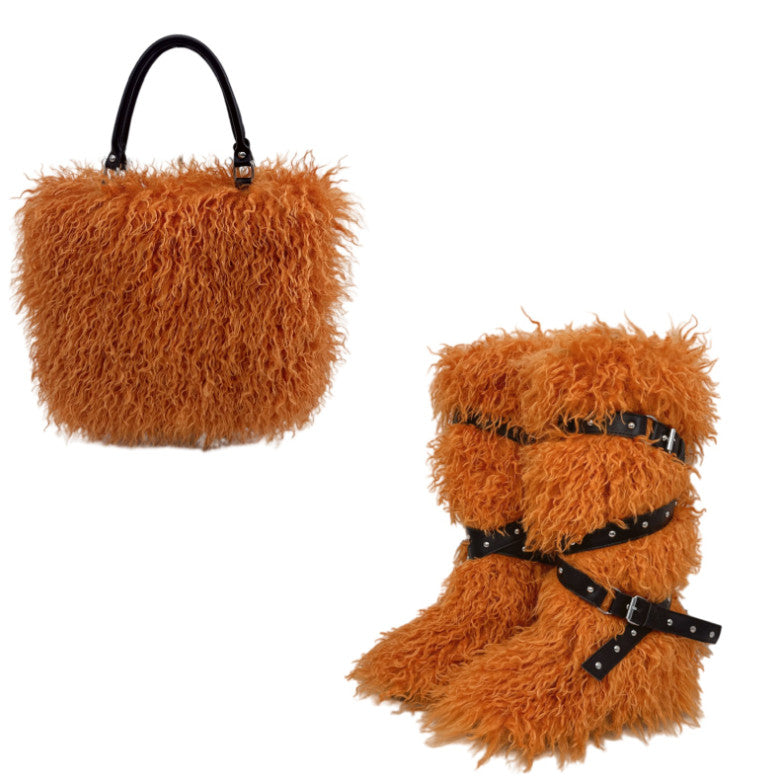 Women's Faux Shearling Tote Handbag & Flat Belted Faux Fur Snow Boots Winter Warm Set