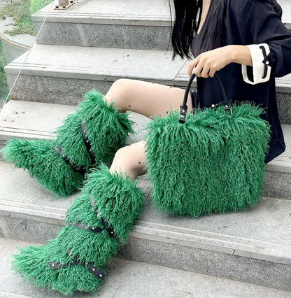 Women's Faux Shearling Tote Handbag & Flat Belted Faux Fur Snow Boots Winter Warm Set