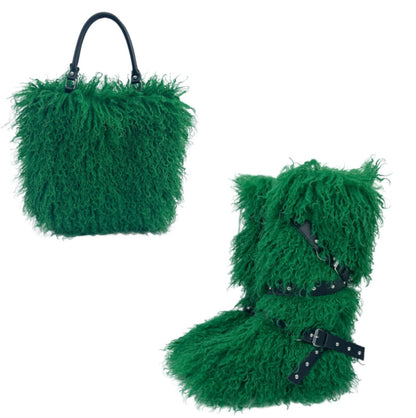 Women's Faux Shearling Tote Handbag & Flat Belted Faux Fur Snow Boots Winter Warm Set