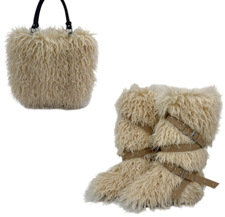 Women's Faux Shearling Tote Handbag & Flat Belted Faux Fur Snow Boots Winter Warm Set