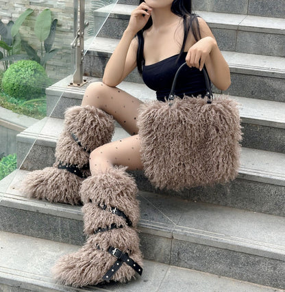 Women's Faux Shearling Tote Handbag & Flat Belted Faux Fur Snow Boots Winter Warm Set