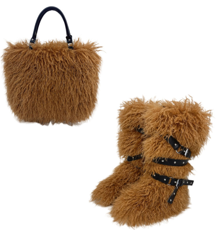 Women's Faux Shearling Tote Handbag & Flat Belted Faux Fur Snow Boots Winter Warm Set