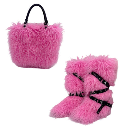 Women's Faux Shearling Tote Handbag & Flat Belted Faux Fur Snow Boots Winter Warm Set