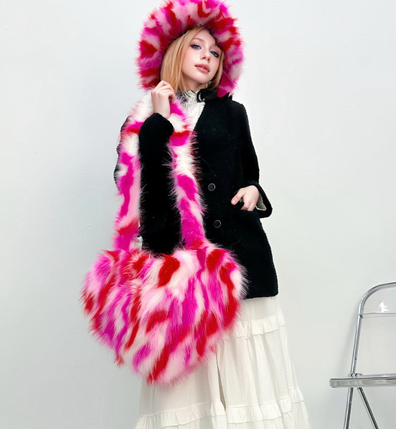 Winter Warm Faux Fox Fur Set: Heart-Shaped Fur Handbag & Fuzzy Bucket Hat for Women