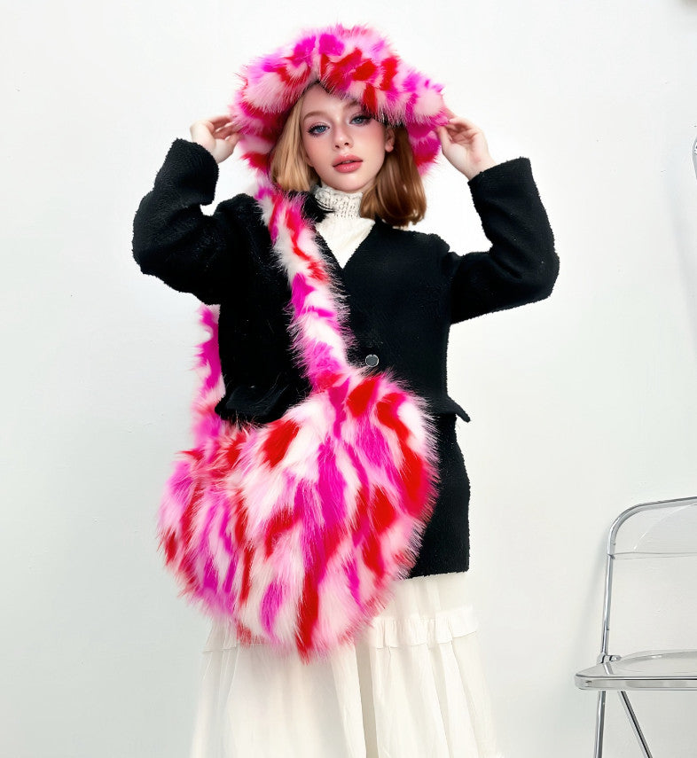 Winter Warm Faux Fox Fur Set: Heart-Shaped Fur Handbag & Fuzzy Bucket Hat for Women