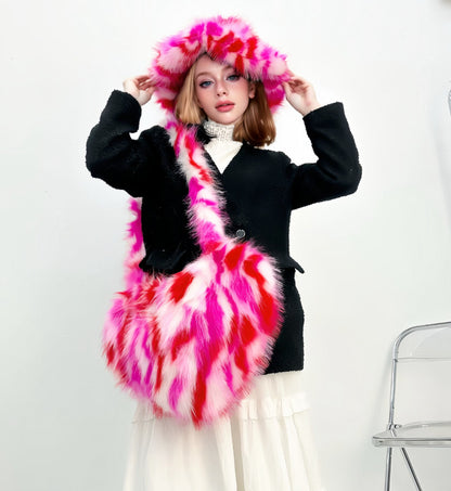 Winter Warm Faux Fox Fur Set: Heart-Shaped Fur Handbag & Fuzzy Bucket Hat for Women