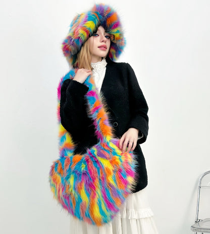 Winter Warm Faux Fox Fur Set: Heart-Shaped Fur Handbag & Fuzzy Bucket Hat for Women