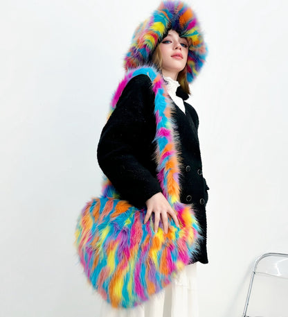 Winter Warm Faux Fox Fur Set: Heart-Shaped Fur Handbag & Fuzzy Bucket Hat for Women