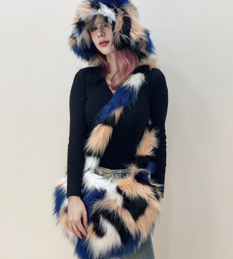 Winter Warm Faux Fox Fur Set: Heart-Shaped Fur Handbag & Fuzzy Bucket Hat for Women