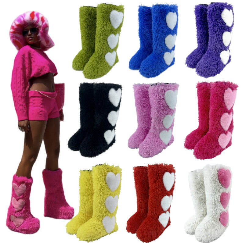 Women's Flat Knee-High Fleece-Lined Waterproof Warm Heart-Shaped Snow Boots