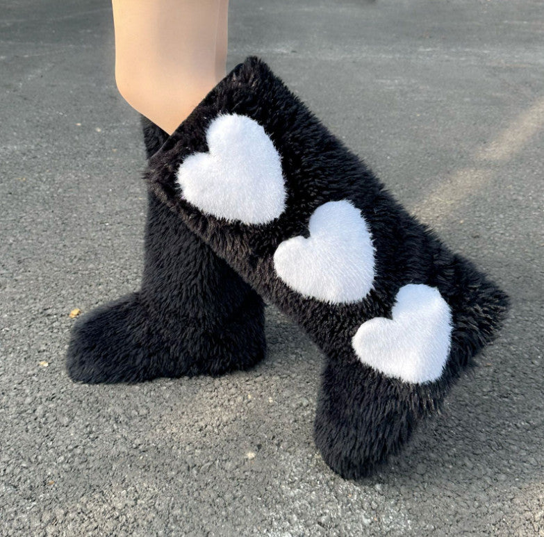 Women's Flat Knee-High Fleece-Lined Waterproof Warm Heart-Shaped Snow Boots
