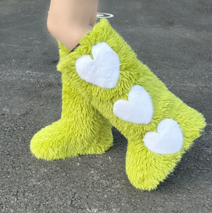 Women's Flat Knee-High Fleece-Lined Waterproof Warm Heart-Shaped Snow Boots
