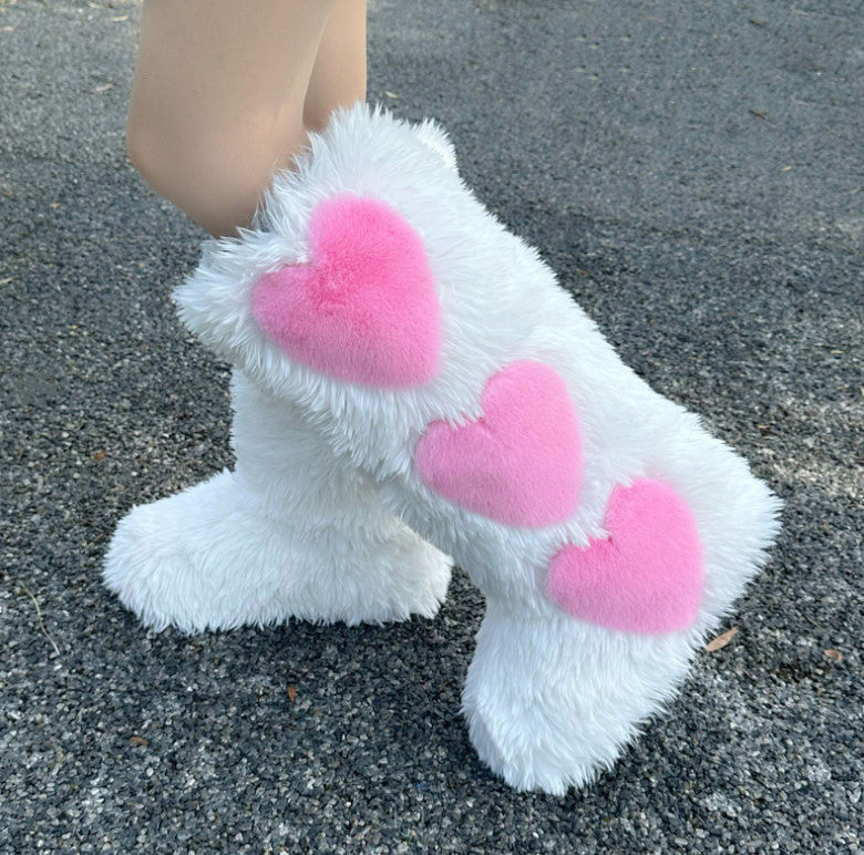 Women's Flat Knee-High Fleece-Lined Waterproof Warm Heart-Shaped Snow Boots