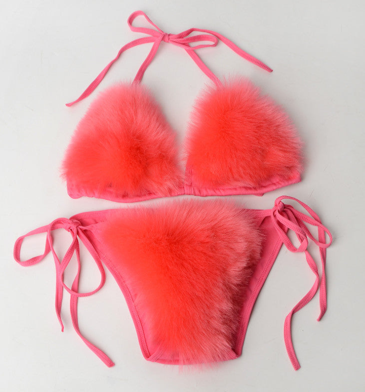 Women's Faux Fur Sporty Bikini Set - Solid Color Plush Fluffy Swimwear
