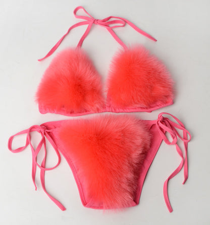 Women's Faux Fur Sporty Bikini Set - Solid Color Plush Fluffy Swimwear