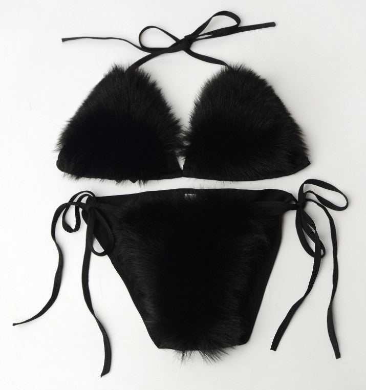 Women's Faux Fur Sporty Bikini Set - Solid Color Plush Fluffy Swimwear