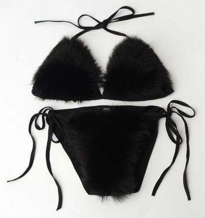 Women's Faux Fur Sporty Bikini Set - Solid Color Plush Fluffy Swimwear
