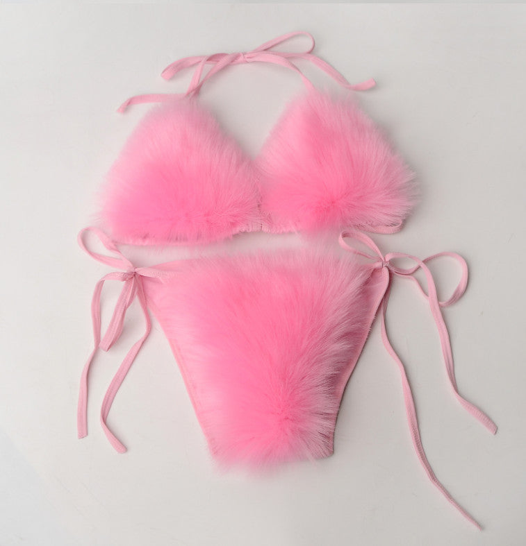 Women's Faux Fur Sporty Bikini Set - Solid Color Plush Fluffy Swimwear