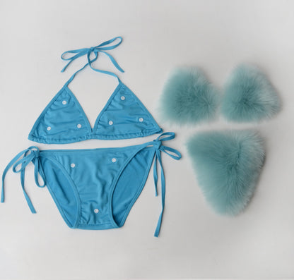 Women's Faux Fur Sporty Bikini Set - Solid Color Plush Fluffy Swimwear