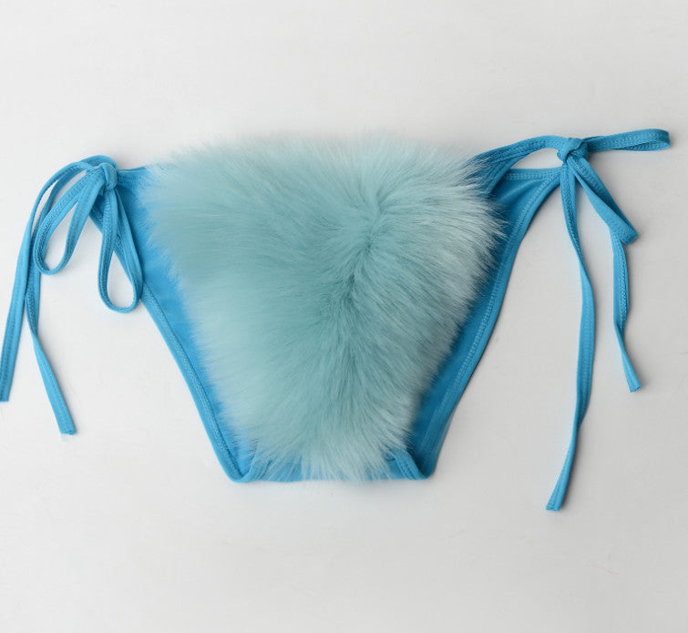 Women's Faux Fur Sporty Bikini Set - Solid Color Plush Fluffy Swimwear