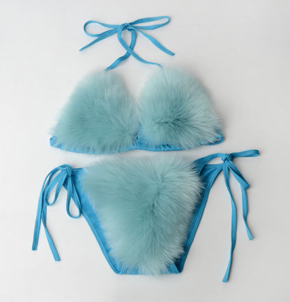 Women's Faux Fur Sporty Bikini Set - Solid Color Plush Fluffy Swimwear