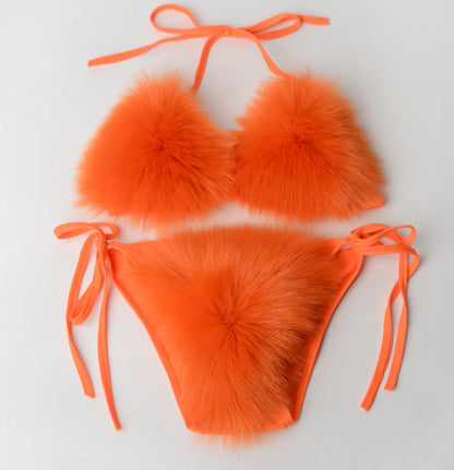 Women's Faux Fur Sporty Bikini Set - Solid Color Plush Fluffy Swimwear