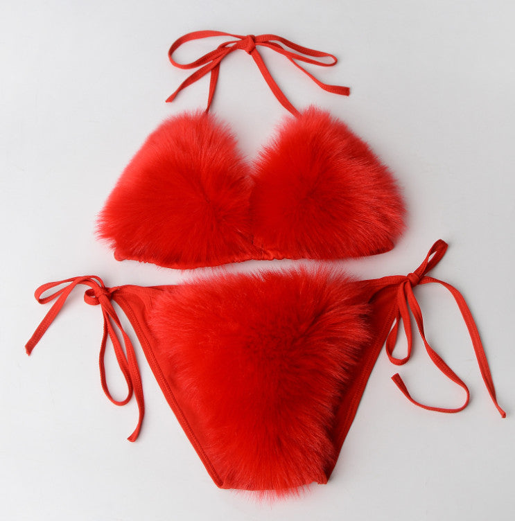 Women's Faux Fur Sporty Bikini Set - Solid Color Plush Fluffy Swimwear