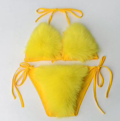 Women's Faux Fur Sporty Bikini Set - Solid Color Plush Fluffy Swimwear