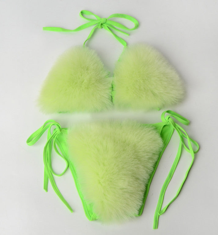 Women's Faux Fur Sporty Bikini Set - Solid Color Plush Fluffy Swimwear