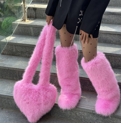 Women's 2Pcs Winter Set - Heart-Shaped Tote Bag with Over-the-Knee Faux Fur Snow Boots