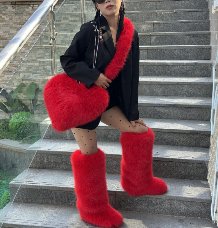 Women's 2Pcs Winter Set - Heart-Shaped Tote Bag with Over-the-Knee Faux Fur Snow Boots