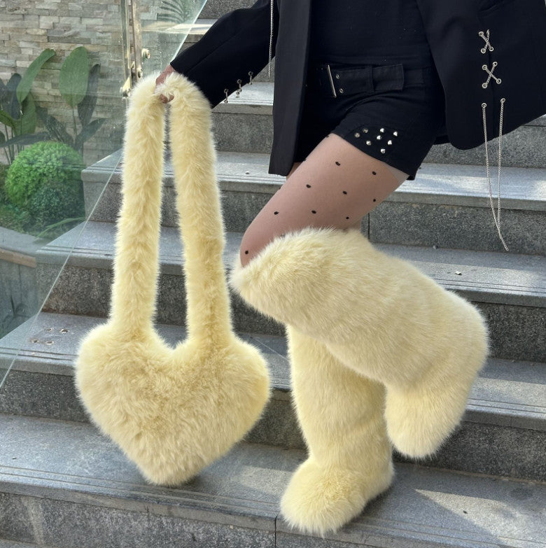 Women's 2Pcs Winter Set - Heart-Shaped Tote Bag with Over-the-Knee Faux Fur Snow Boots