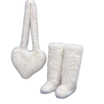 Women's 2Pcs Winter Set - Heart-Shaped Tote Bag with Over-the-Knee Faux Fur Snow Boots