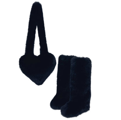 Women's 2Pcs Winter Set - Heart-Shaped Tote Bag with Over-the-Knee Faux Fur Snow Boots